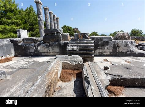 Ionic columns of the Temple of Athena. Priene an ancient Greek city of ...