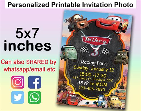 Cars Birthday Invitation Disney Cars Pixar Invitation | Etsy