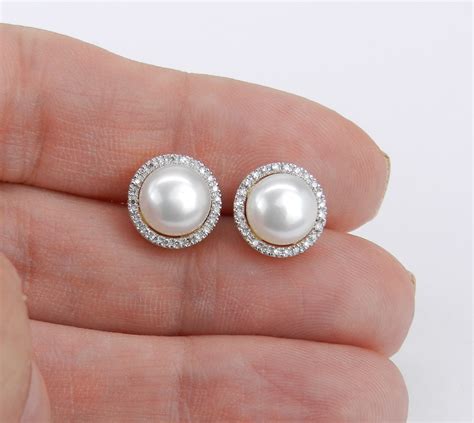 Pearl and Diamond Halo Stud Earrings 14K Yellow Gold June Birthstone Wedding Studs