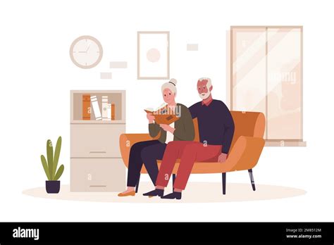 Grandpa and grandma reading a book on the sofa. Illustrations for websites, landing pages ...