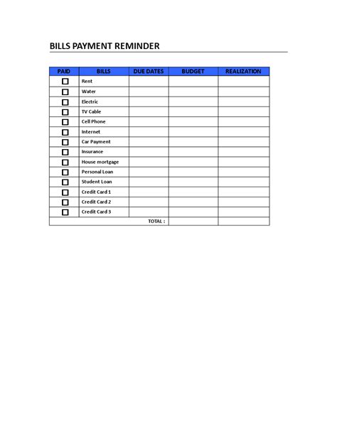 Bills Payment Reminder table - Are you often late with payments for water, electricity, rent, tv ...