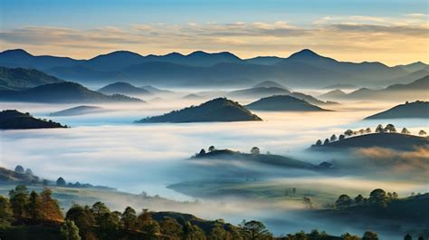 Premium AI Image | Aerial view of green hills with fog at sunrise