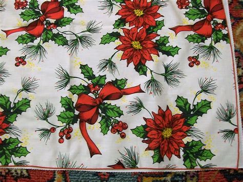 Vintage Christmas Tablecloth with Red Poinsettia Bows Holly | Etsy ...