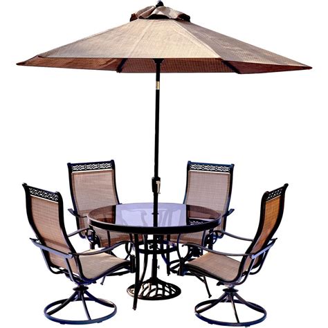 Hanover 5-Piece Aluminum Outdoor Dining Set with Round Glass-Top Table and Contoured Sling ...