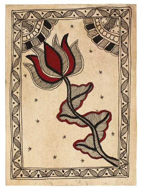 Red Lotus With Stem | Madhubani Painting | Exotic India Art