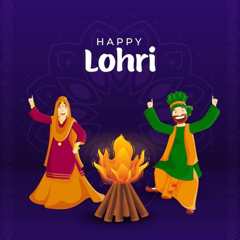 Premium Vector | Happy lohri celebration background with bonfire, cartoon punjabi couple doing ...