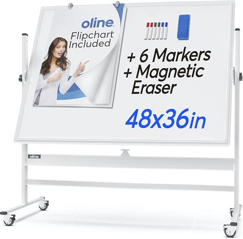 Oline Mobile Whiteboard - 48x36 Large Height Adjust 360° Rolling Double Sided Dry Erase Board ...