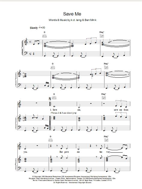 Save Me by k.d. lang Sheet Music for Piano, Vocal & Guitar Chords at ...