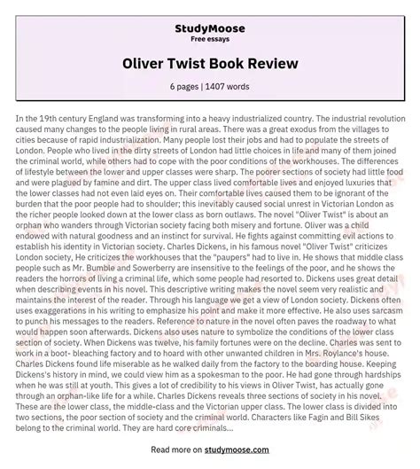 Oliver Twist Book Review Free Essay Example