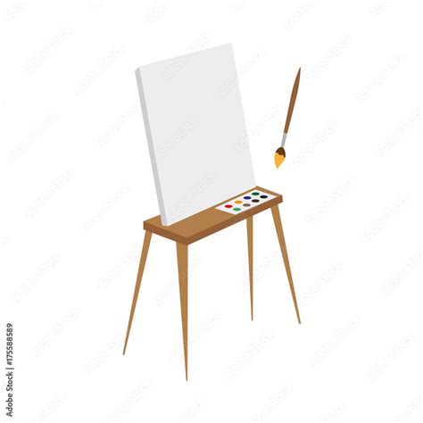 vector flat cartoon wooden easel with paints, empty canvas and painting ...