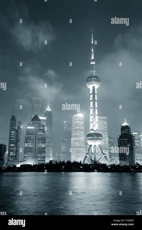 Shanghai skyline at night in black and white Stock Photo - Alamy