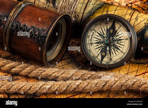 Old vintage compass and navigation instruments on ancient map Stock ...