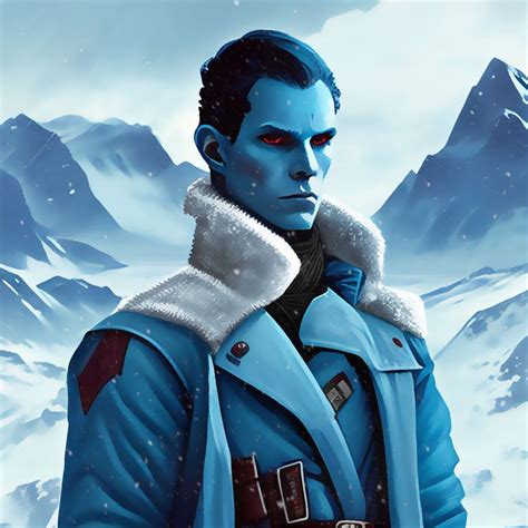 a painting of a man with blue skin and red eyes standing in front of snow covered mountains