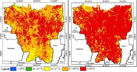 Map of distribution of surface temperature of Jakarta in year 2001 and... | Download Scientific ...