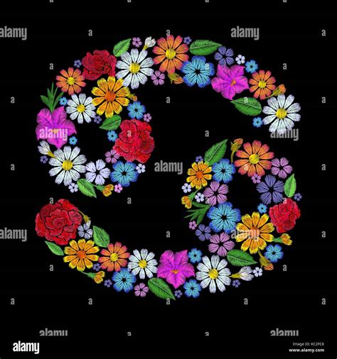 Cancer zodiac sign flower arrangement. Horoscope astrology fashion floral embroidery patch ...