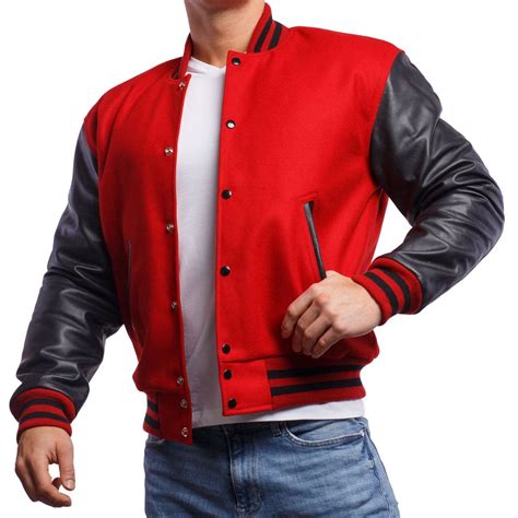 Men's Varsity Bomber Leather Jacket In Red - Arcane Fox