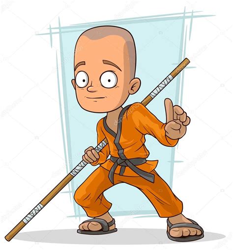 Cartoon young kung fu Buddhist with stick Stock Illustration by ©GB_Art #127302048