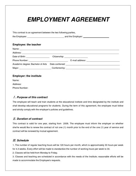 Employment Agreement Contract Template - Free Printable Documents