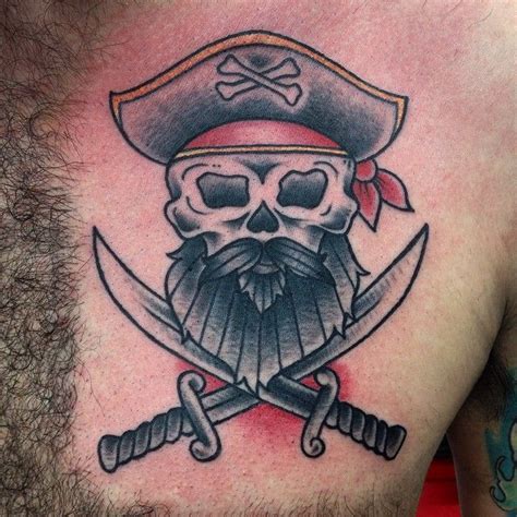 Traditional Pirate Skull With Two Crossing Swords Tattoo On Man Chest ...