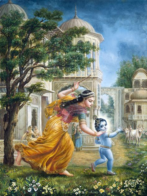 Daily Painting by Artist Dominique Amendola: Damodar-Yashoda chasing after baby Krishna