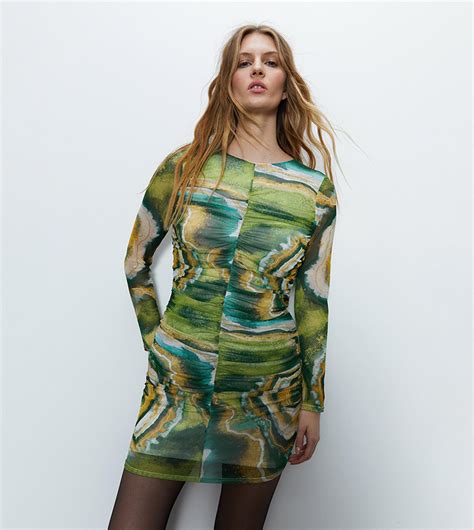 Buy Warehouse Abstract Print Mesh Mini Dress In Green | 6thStreet Saudi ...