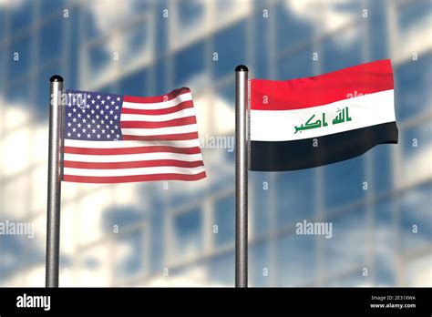 3d render of an flag of USA and Iraq, in front of an blurry background ...