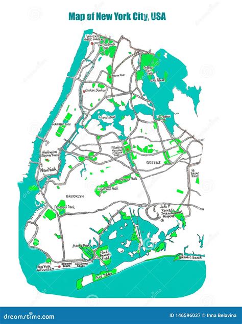 Map of New York City. Illustration. Stock Image - Image of color ...