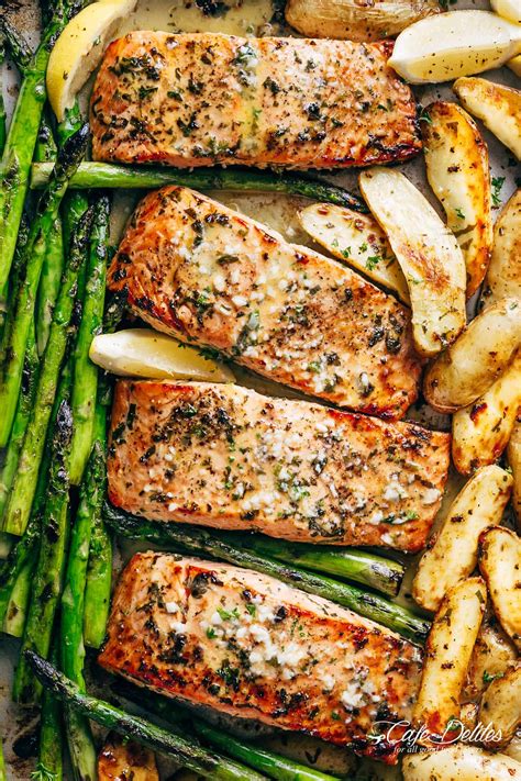 Sheet Pan Garlic Butter Baked Salmon with crispy potatoes, asparagus and a garlic butter sauce ...