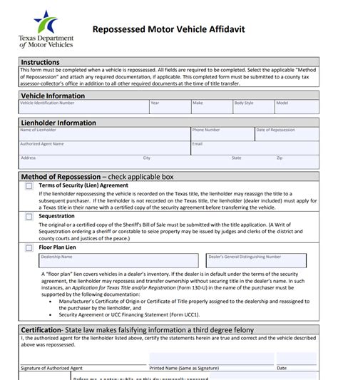 Form VTR-264. Repossessed Motor Vehicle Affidavit | Forms - Docs - 2023