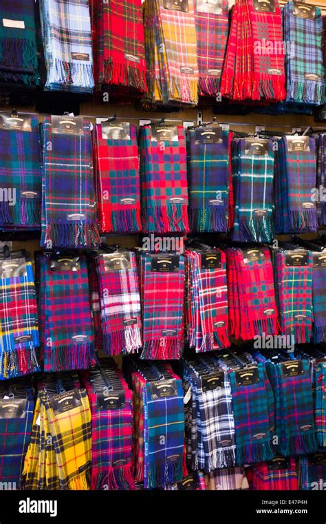 Traditional Scottish clan tartan scarves display for sale in James Pringle Weavers Shop in St ...