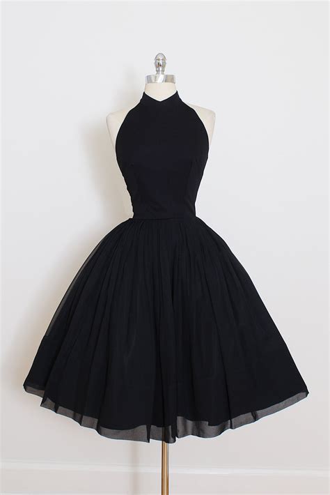 Vintage 50s Dress | 1950s Vintage Dress | Black Crepe Chiffon Halter Dress on Luulla