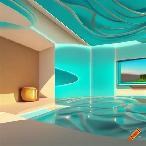 Surreal architecture with computer workspace and pool hallway on Craiyon