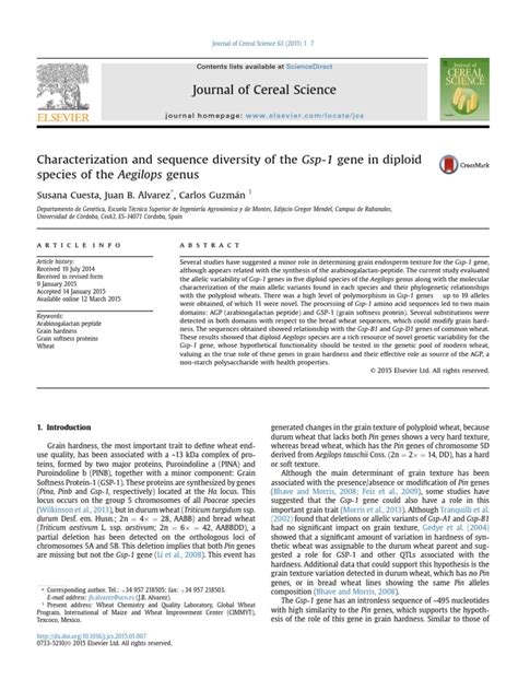 Characterization and sequence diversity of the Gsp-1 gene in diploid species of the Aegilops ...