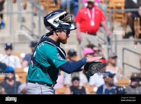 Seattle Mariners catcher Brian O'Keefe signals to infielders during the ...