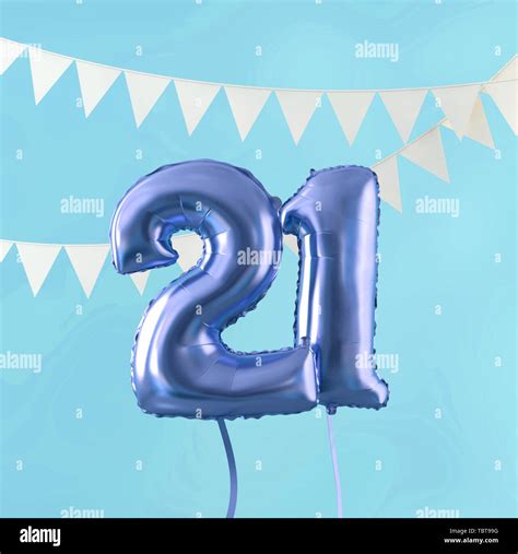 Happy 21st birthday party celebration blue balloon and bunting. 3D ...