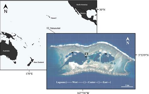 Map of Palmyra Atoll located in the Central Pacific with the locations ...