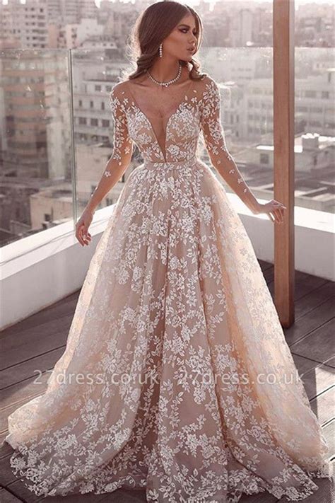 Elegant Lace Applique Wedding Dresses UK Long Sleeves Floral Bridal ...