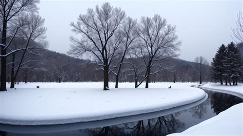 Premium AI Image | A snowy scene with trees and a river in the background.