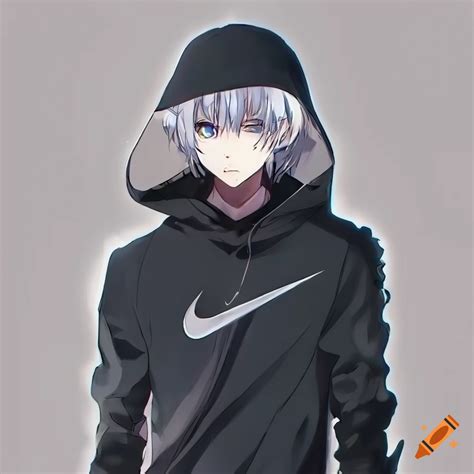 Anime character with white hair and white eyes wearing a black nike hoodie on Craiyon