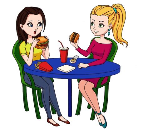 Female friends eating fast food in restaurant. Vector | Premium Download