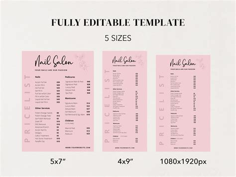 Nail Salon Price List Template Printable Price Sheet | Etsy