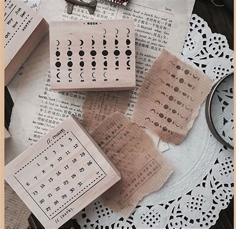 Month Calendar Wood Rubber Stamps Set Plant Stamps Set Moon | Etsy