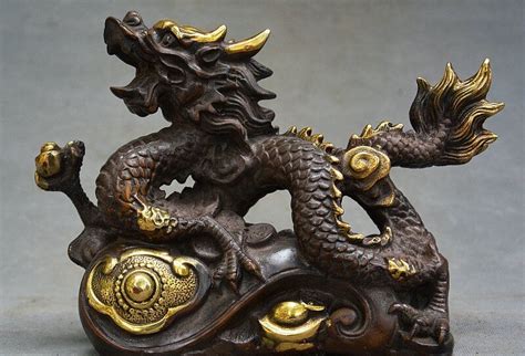 Old Chinese Dyansty Palace Bronze Gilt Dragon Loong Beast Fengshui ...