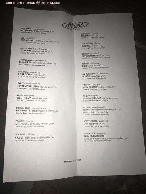 Menu at Atomic Liquors pub & bar, Las Vegas