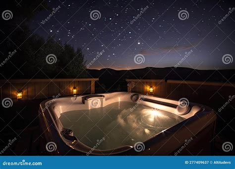 Bubbling Hot Tub Surrounded by Candles, with View of the Starry Night Sky Stock Illustration ...