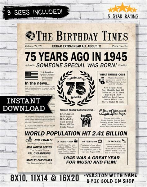 75th birthday party decorations - In the year 1945 poster - 75th ...