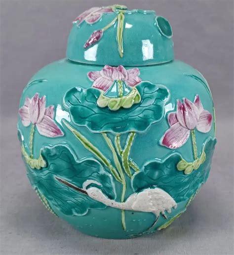 19TH CENTURY CHINESE Wang Bing Rong Cranes Lotus Turquoise Ginger Jar $195.00 - PicClick