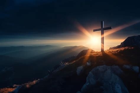 Premium AI Image | Cross on mountain Friday sunset