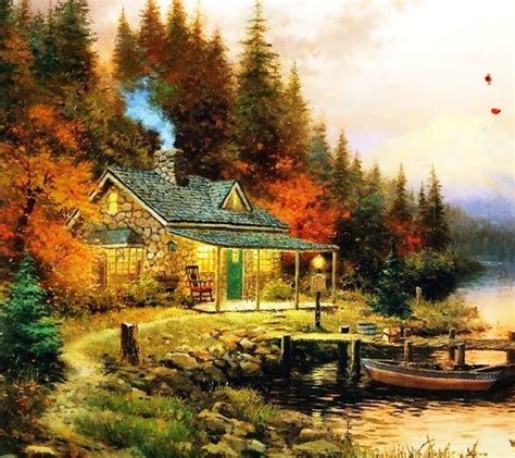 Thomas Kinkade Autumn Paintings | drawn,painting,oil painting,autumn,boat,cabin,clouds, colors ...