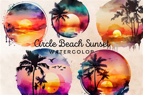 Circle Beach Sunset Watercolor Clipart Graphic by FOLV · Creative Fabrica